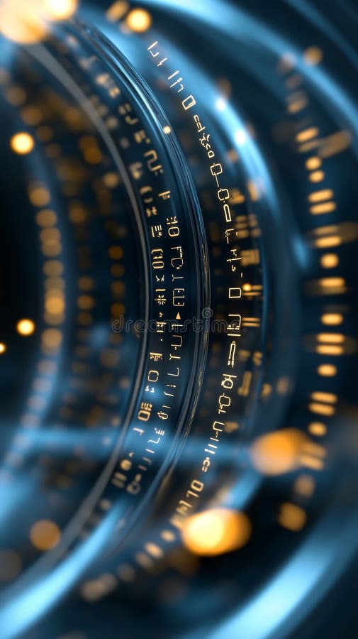 Visual representation of digital data flow with glowing symbols and circular patterns in a futuristic design. Glowing symbols float within concentric circles, creating a visual representation of digital data flow in a futuristic design. The image evokes a sense of technology and innovation. AI generated