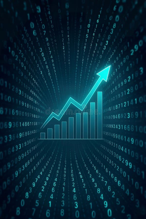 Glowing Teal Growth Chart Rising Through Digital Matrix of Numbers vector illustration