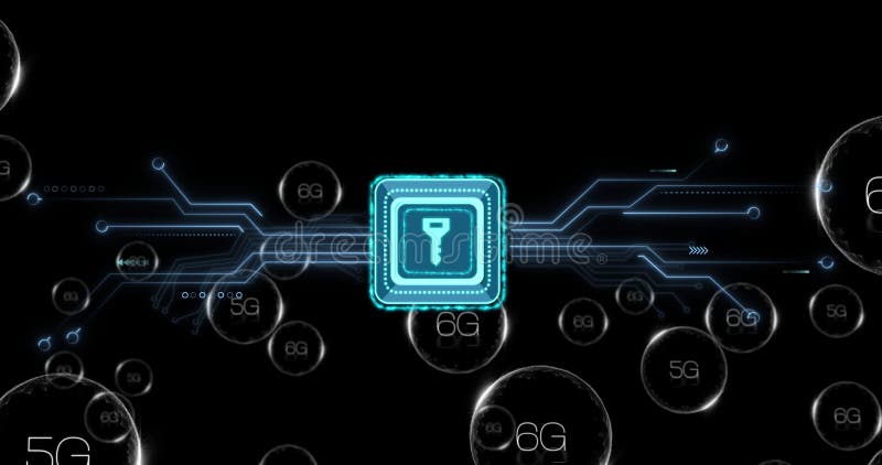 Glowing teal square streaming neon-blue lines in digital network grid, with nodes labeled 6G and 5G royalty free illustration