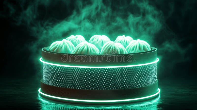 Glowing Teal Steamed Buns in Bamboo Steamer stock illustration