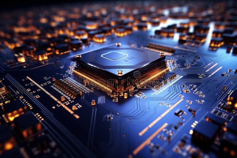 Glowing tech circuitry, Blue lights illuminate computer circuit board vector illustration