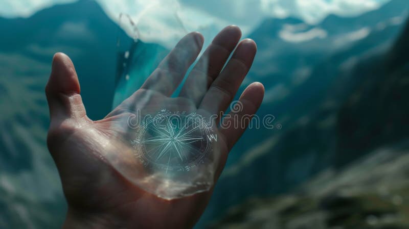Transparent compass overlay on a hand in a serene mountain scene stock photography