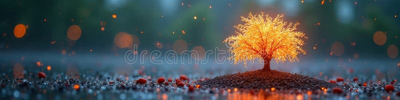 Glowing tree on pebbled island with sparkling lights in tranquil evening royalty free stock photos