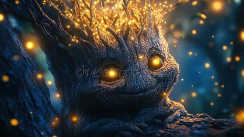 Glowing Tree Spirit in Dark Forest stock illustration