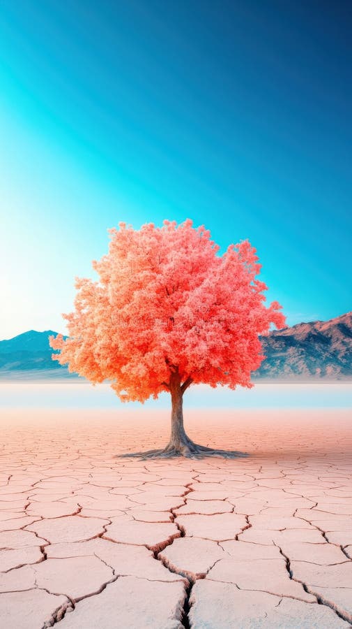 Glowing tree thrives in cracked lake bed under bright daylight stock images