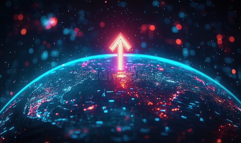Glowing upward arrow above illuminated digital globe representing growth and technology stock photo