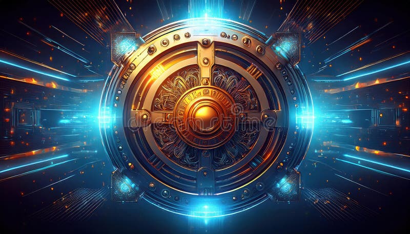 Glowing vault with intricate designs symbolizes secure financial encryption and blockchain technology, showcasing seamless digital stock illustration