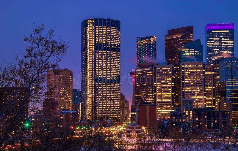 Downtown Calgary Illuminated at Night Stock Image Image of illuminated, landmark 211789507