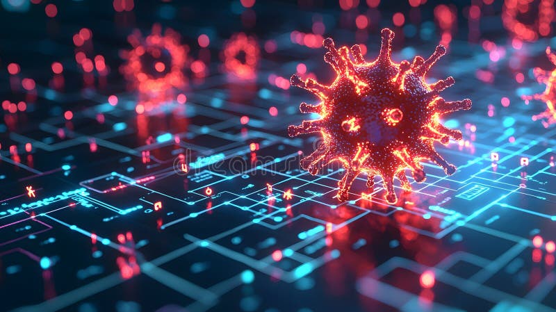 Glowing Virus Visualized in Digital Environment stock illustration