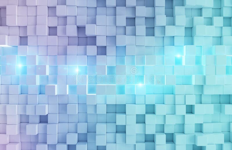 Glowing White and Blue Squares Background Pattern 3D Rendering Stock