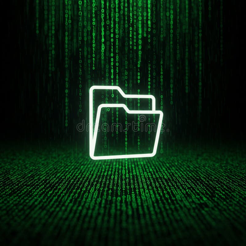 Glowing white folder icon is centered against a background of cascading green binary royalty free illustration