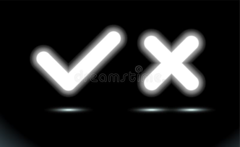 Glowing white lamp checkmark and crosshair LED icon. Tick symbol, modern ui element. Fluorescent backlit Design in black, dark royalty free illustration Glowing white lamp checkmark and crosshair LED icon. Tick symbol, modern ui element. Fluorescent backlit Design in black, dark royalty free illustration