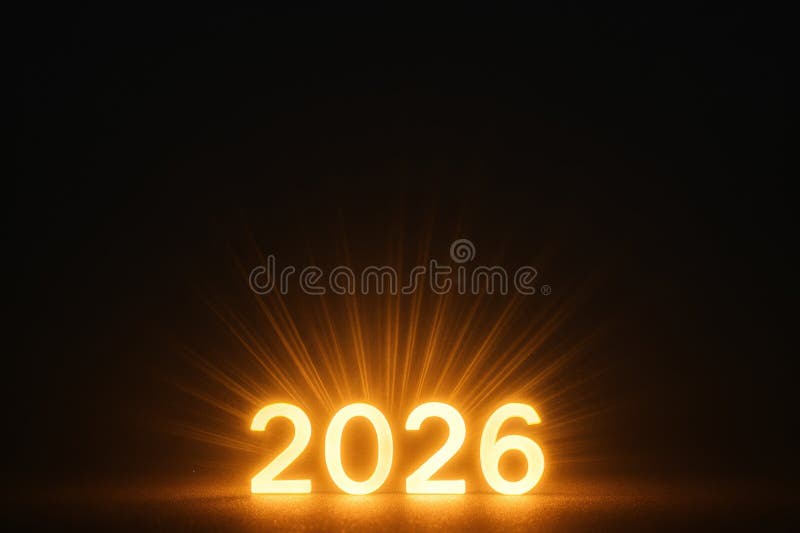 Glowing year 2026 numbers with radiant light effect on dark background copy space. stock photography