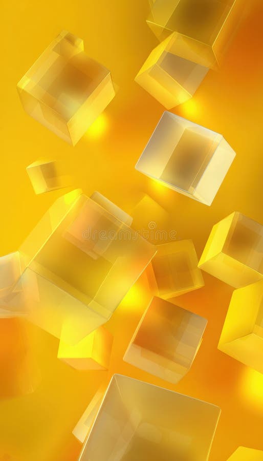Glowing Yellow Background with Floating Translucent Cubes and Light Reflections royalty free illustration