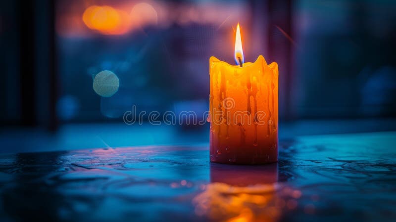 O lumânare galbenă strălucitoare iluminează lumina întunecată reflectând o ambianță liniștită cu o lumină caldă ușoară stock illustration
