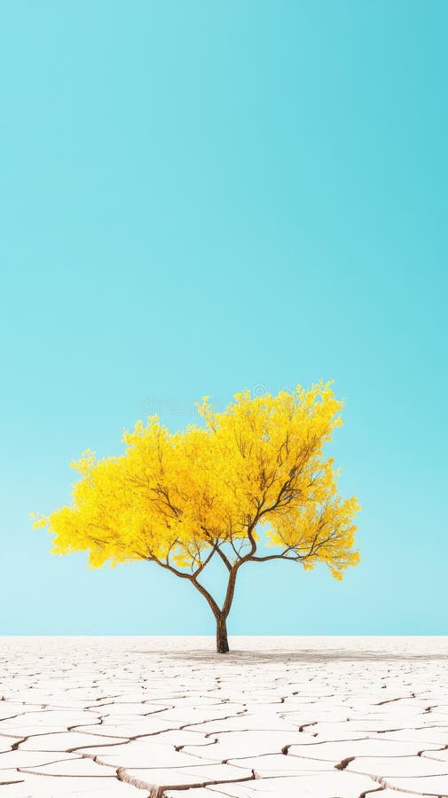 Glowing yellow tree stands resilient in dry cracked lake bed under bright sunlight stock photography