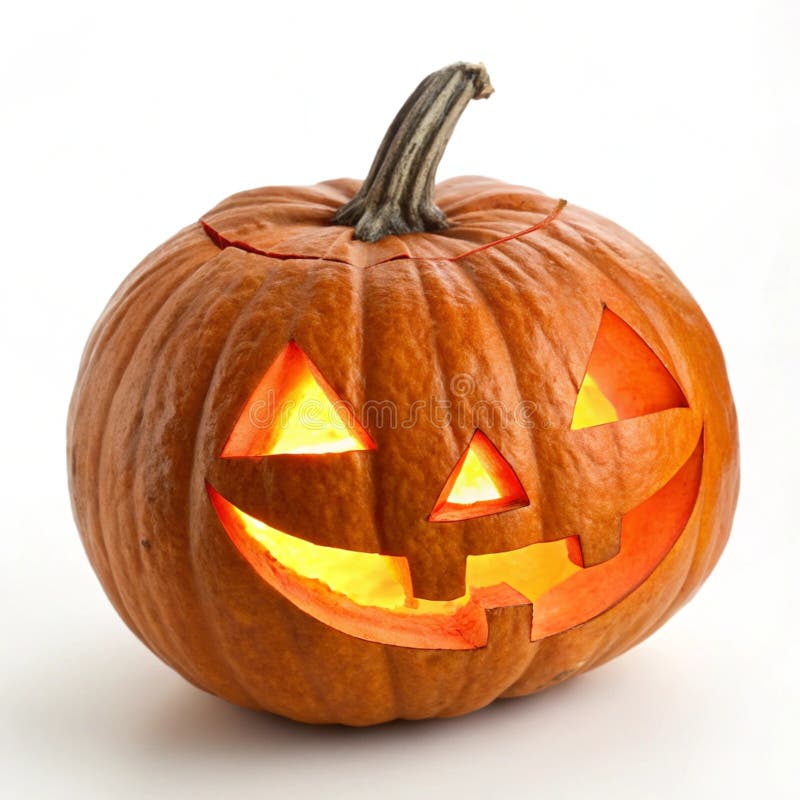 Glows Jackolantern Pumpkin. Ein glühender Jackolantern Kürbis mit einem unheimlichen Gesicht, isoliert auf einem weißen Hintergrund, perfekt für lustige Halloween Nacht
