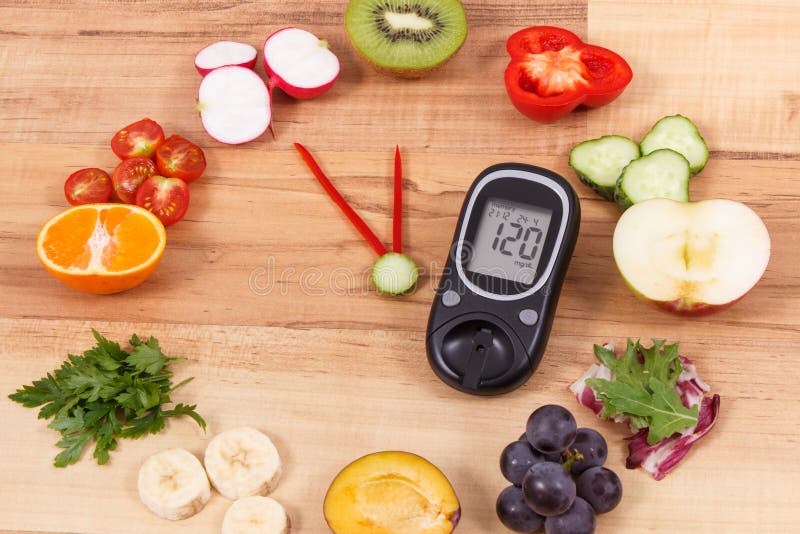 Glucometro con orologio fatto di frutta e verdura con tempo di 23 ore e 55 minuti, concetto di nuove risoluzioni immagine stock