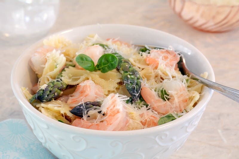 Gluten Free Bow Tie Pasta with Prawns and Asparagus Stock Image Image