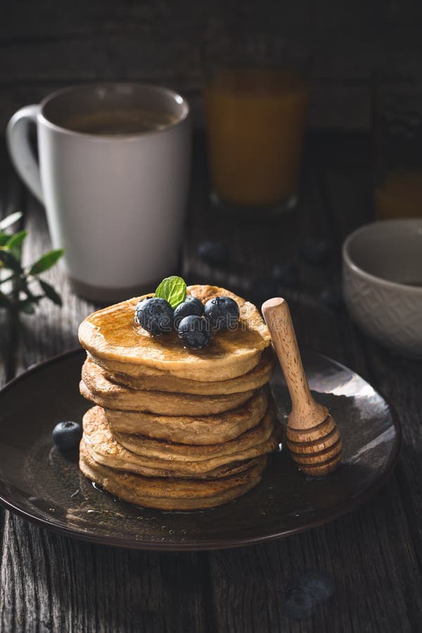 Gluten free pancakes with blueberries stock photos