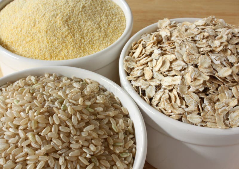 Oats, brown rice, and cornmeal--three gluten-free grains. Oats, brown rice, and cornmeal--three gluten-free grains.