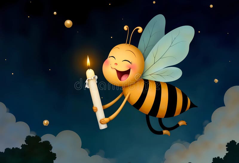Glädjande bin tänder natten med ett glödande ljus som sprider glädje i stjärnhimlen stock illustrationer