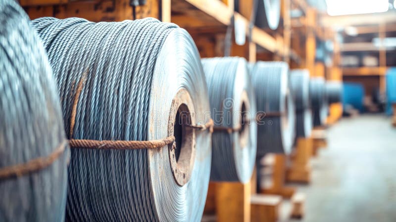 Glänzende Stahldraht-Rollen ruhen auf robusten Holzstühlen bei Tageslicht und beleuchten den industriellen Charme einer Baustelle vektor abbildung