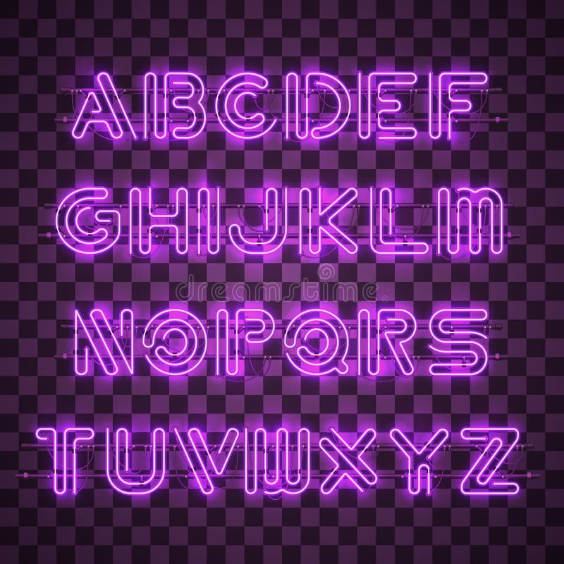 Glänzendes und glühendes purpurrotes Neonalphabet und Stellen stock abbildung