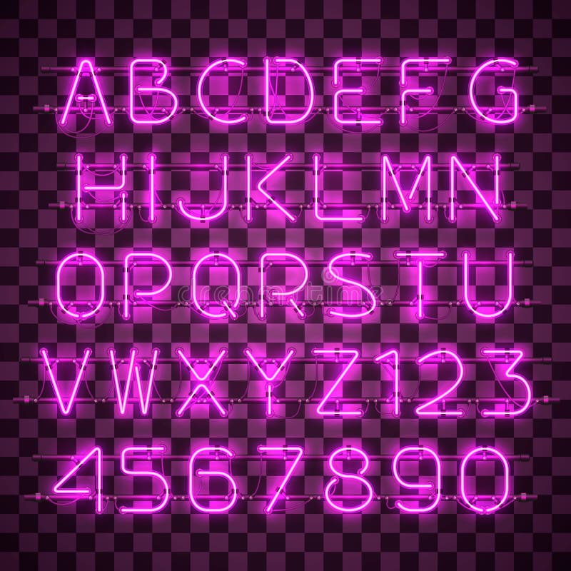 Glänzendes und glühendes purpurrotes Neonalphabet und Stellen lizenzfreie abbildung
