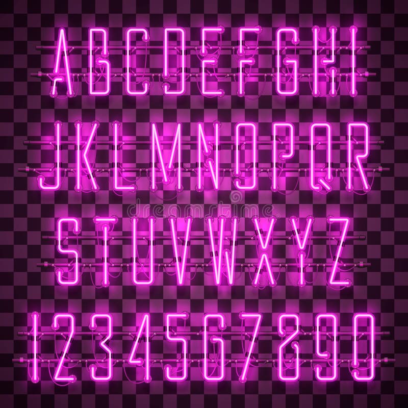 Glänzendes und glühendes purpurrotes Neonalphabet und Stellen vektor abbildung