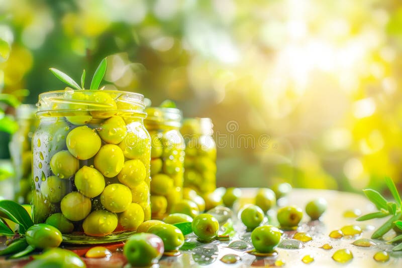Gläser mit natürlichen Oliven vor unscharfem Hintergrund des Olivenhains mit Kopierraum stockbild