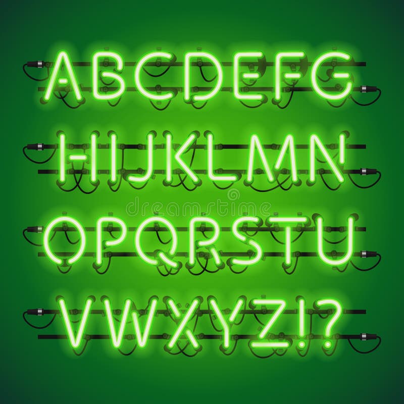 Glödande alfabet för neonlimefruktgräsplan vektor illustrationer