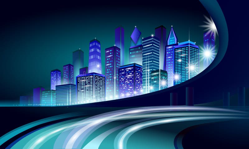 Glödande cityscape för smart neon för stad 3D Futuristisk affärsidé för intelligent byggnadsautomationnatt Rengöringsduk direktan stock illustrationer