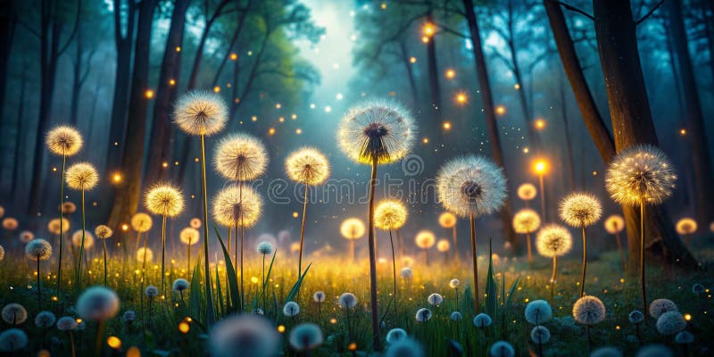 Glödande dandeleoner i naturen hos skogen omgiven av fireflies mystiska scen generativ av ai stock illustrationer