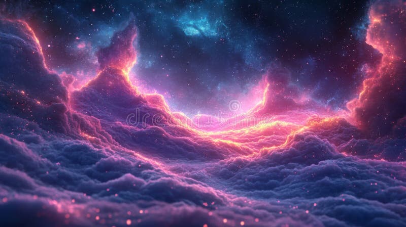 Glödande Nebula ovanför lila - och rosa moln vektor illustrationer