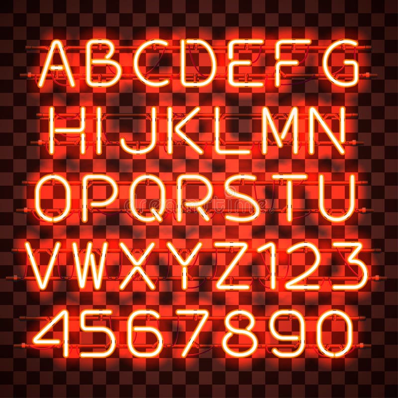 Glödande orange neonalfabet stock illustrationer