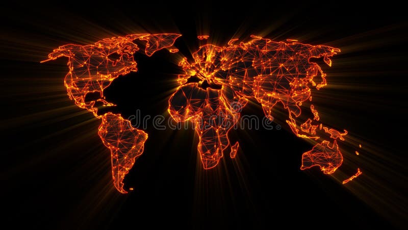 Glödande orange världsomspännande rengöringsduk på världskarta stock illustrationer