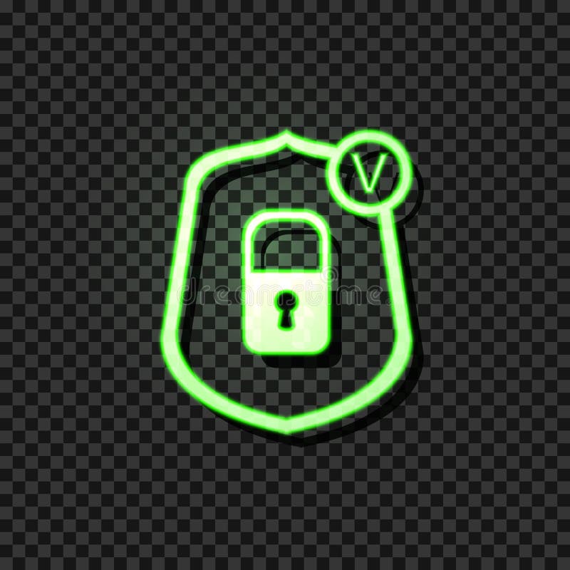 Glödande symbol för vektor: Pålitligt skyddsbegrepp, låssymbol i sköld med kontrollfläcken, grönt tecken för neon på mörk bakgrun stock illustrationer Glödande symbol för vektor: Pålitligt skyddsbegrepp, låssymbol i sköld med kontrollfläcken, grönt tecken för neon på mörk bakgrun stock illustrationer
