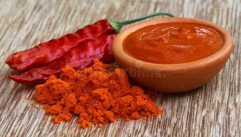 Close up of some Red hot chilies with powder and paste. Close up of some Red hot chilies with powder and paste