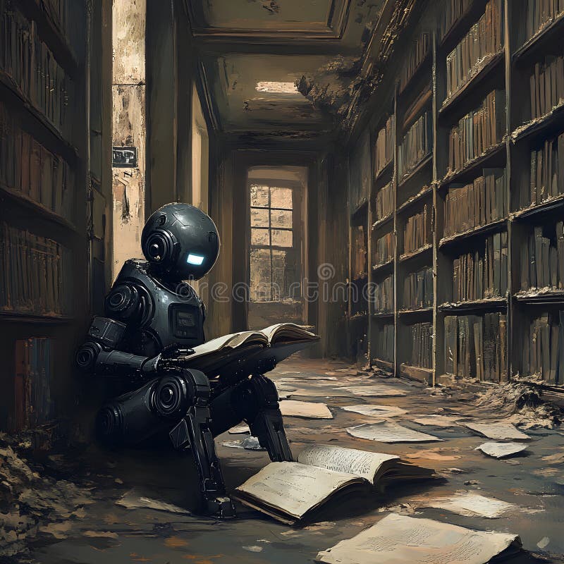 Glömd visdom i ett gammalt bibliotek fyllt med damm och lukten av gammalt papper. En AI-robot sitter fortfarande bland övergivna b royaltyfri fotografi