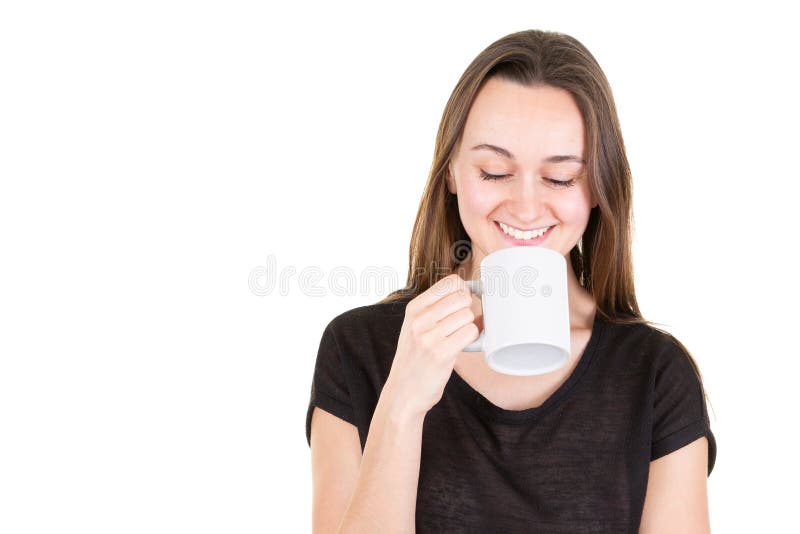 Glückliche attraktive Frau mit Augen schloss Trinkbecher Tee stockfoto Glückliche attraktive Frau mit Augen schloss Trinkbecher Tee stockfoto