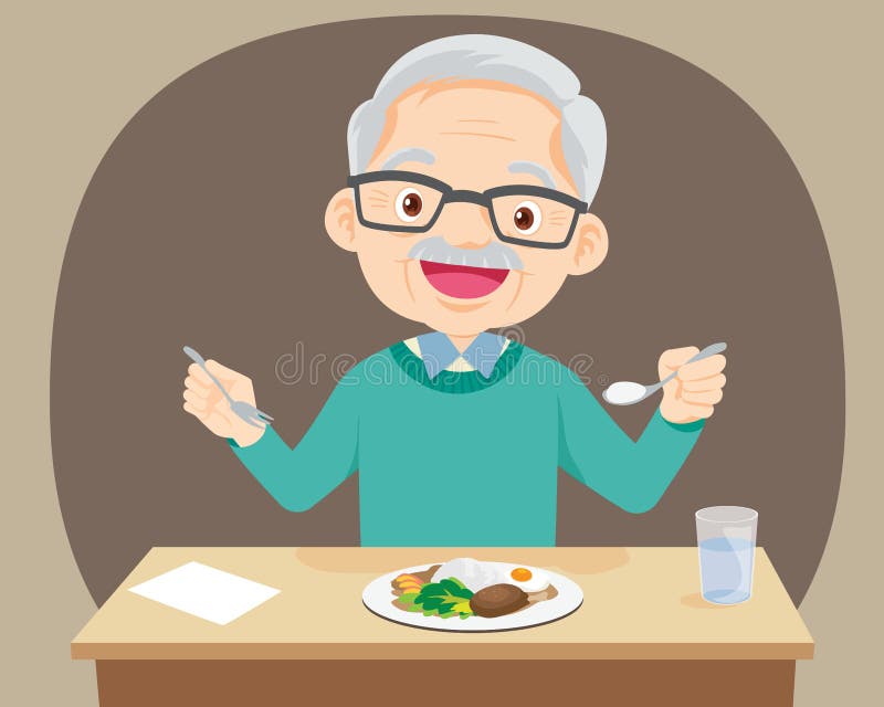 Glückliche Essennahrung des älteren Mann.