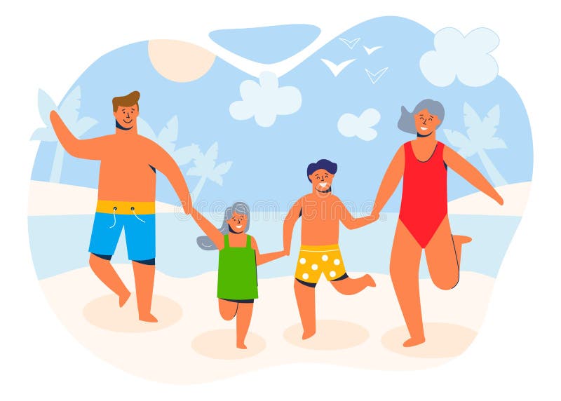 Glückliche Familie auf den Sommerferien, die zum Strand auf einem sandigen Ufer gehen Eltern- und Kindercharaktere stock abbildung Glückliche Familie auf den Sommerferien, die zum Strand auf einem sandigen Ufer gehen Eltern- und Kindercharaktere stock abbildung
