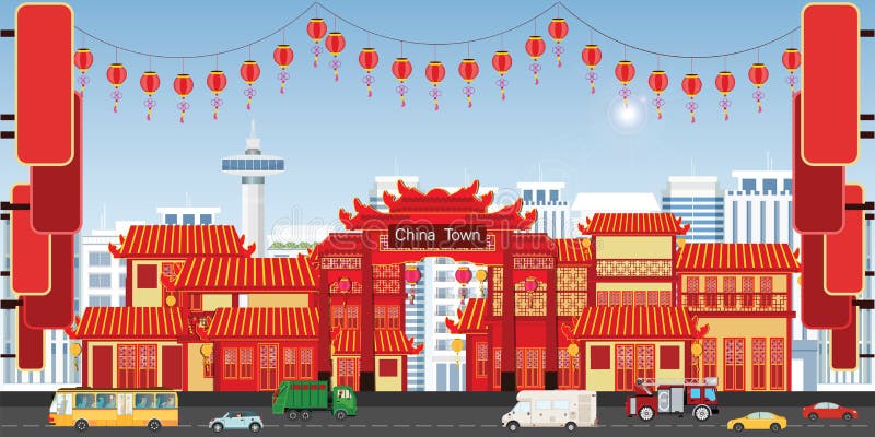 Glückliche Grußkarte des Chinesischen Neujahrsfests mit China-Stadtdorf lizenzfreie abbildung Glückliche Grußkarte des Chinesischen Neujahrsfests mit China-Stadtdorf lizenzfreie abbildung