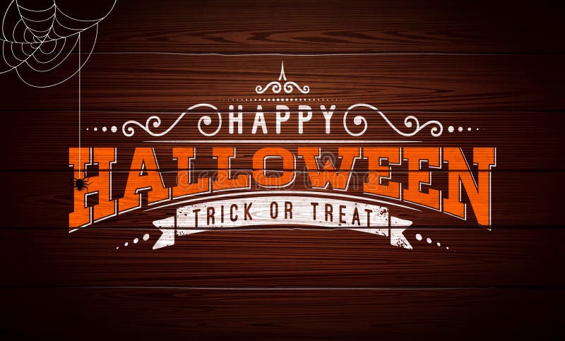 Glückliche Halloween-Vektorillustration mit Typografiebeschriftung, -spinne und -spinnennetz auf Weinleseholzhintergrund feiertag lizenzfreie abbildung Glückliche Halloween-Vektorillustration mit Typografiebeschriftung, -spinne und -spinnennetz auf Weinleseholzhintergrund feiertag lizenzfreie abbildung