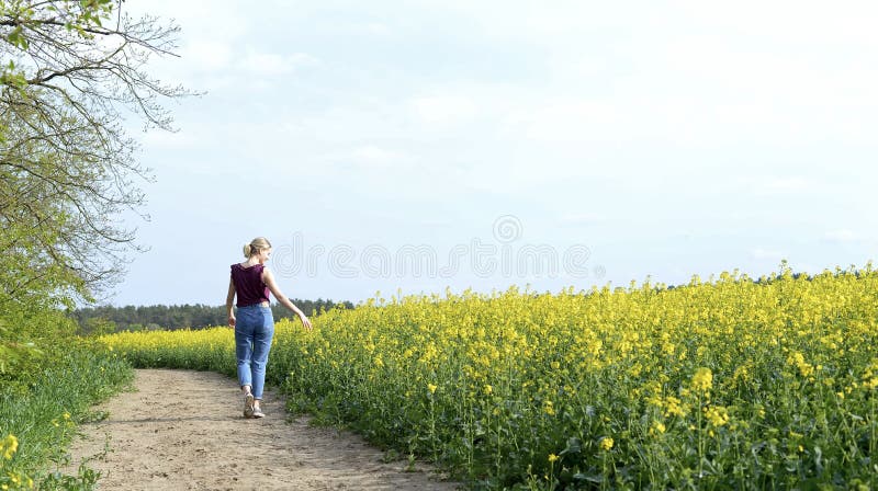 Glückliche junge Frau im Rapsfeld lizenzfreies stockfoto Glückliche junge Frau im Rapsfeld lizenzfreies stockfoto