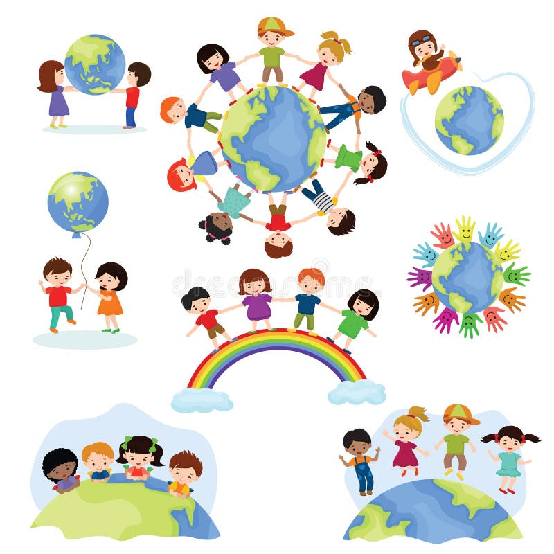 Glückliche Kinder des Kinderweltvektors auf Planetenerde im Frieden und in weltweiter irdischer Freundschaftsillustration ruhig stock abbildung Glückliche Kinder des Kinderweltvektors auf Planetenerde im Frieden und in weltweiter irdischer Freundschaftsillustration ruhig stock abbildung