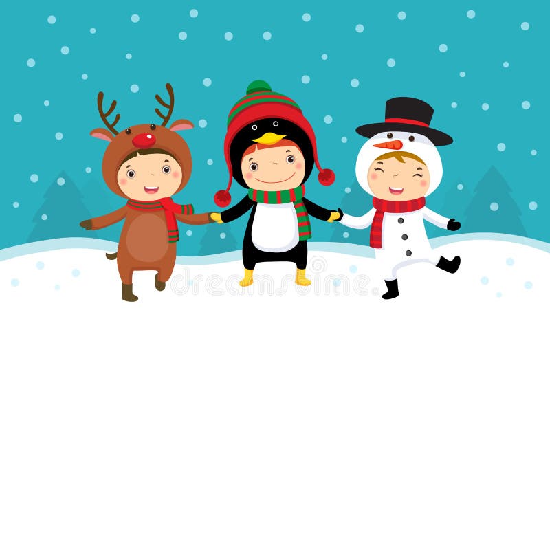 Illustration of happy kids in Christmas costumes playing with snow. Illustration of happy kids in Christmas costumes playing with snow