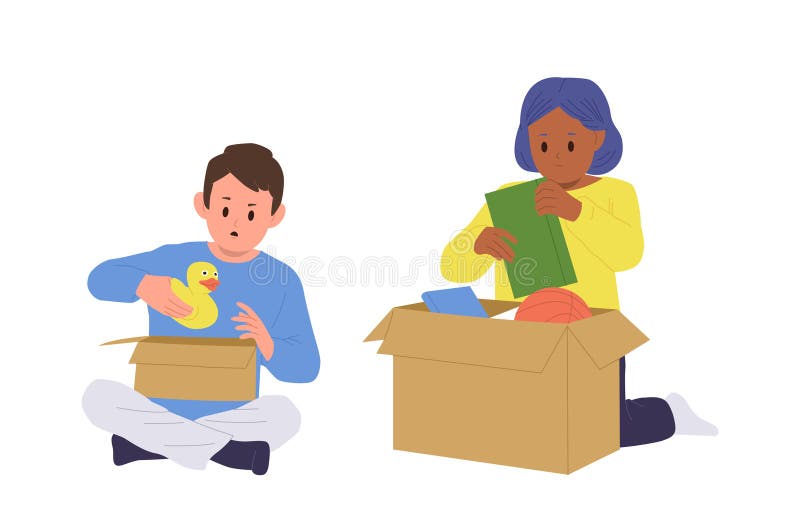 Glückliche Kinder isolierte Cartoon-Figuren, die Bücher in Kartons packen oder auspacken stock abbildung