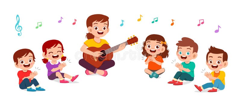 glückliche Kinder Junge und Mädchen singen Lieder mit Lehrer